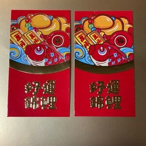 Koi Red Fish with Blue Wave and Gold Stack Red Paper Envelopes